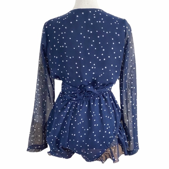 LIONESS NAVY WHITE STAR PRINT FRONT TIE LONG SLEEVE CHIFFON RUFFLE ROMPER - XS - Picture 4 of 11